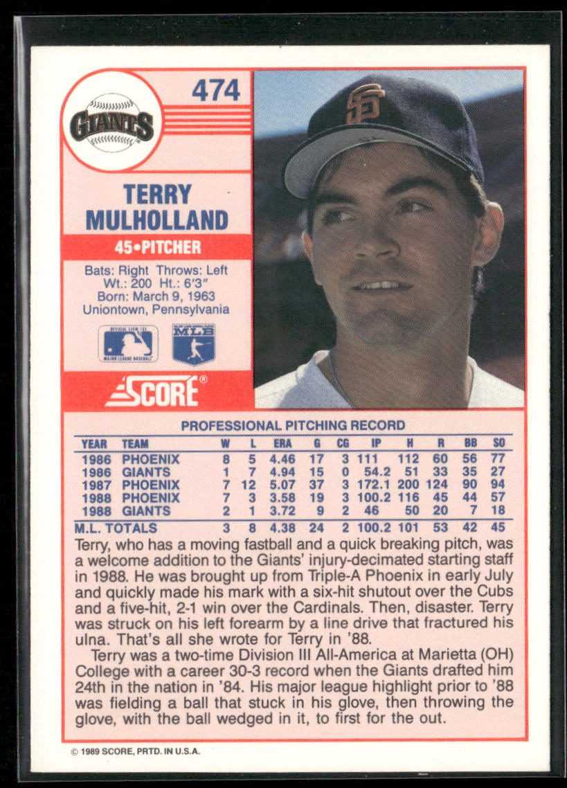 Terry Mulholland 1989 Score #474 San Francisco Giants