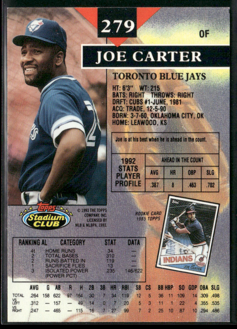 Joe Carter 1993 Stadium Club #279 Toronto Blue Jays