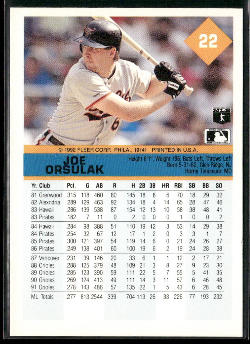Joe Orsulak 1992 Fleer #22 Baltimore Orioles