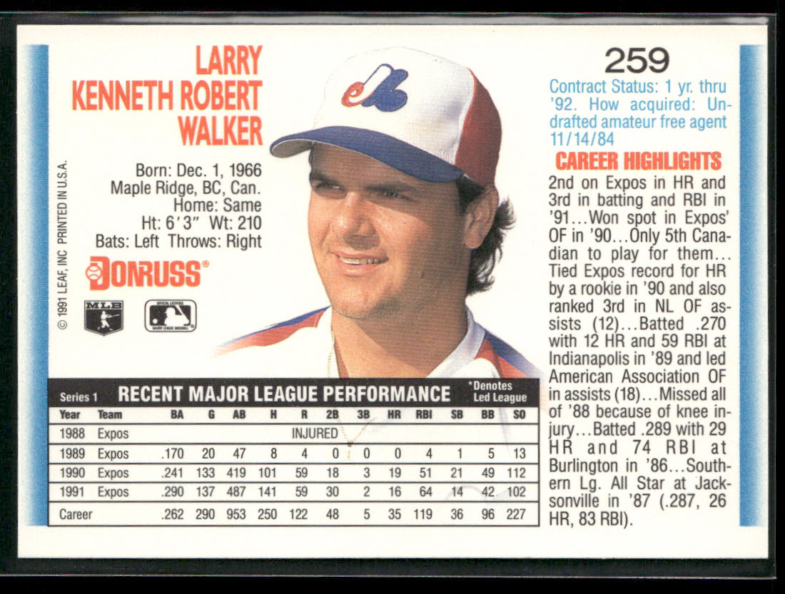 Larry Walker 1992 Donruss #259b Montreal Expos