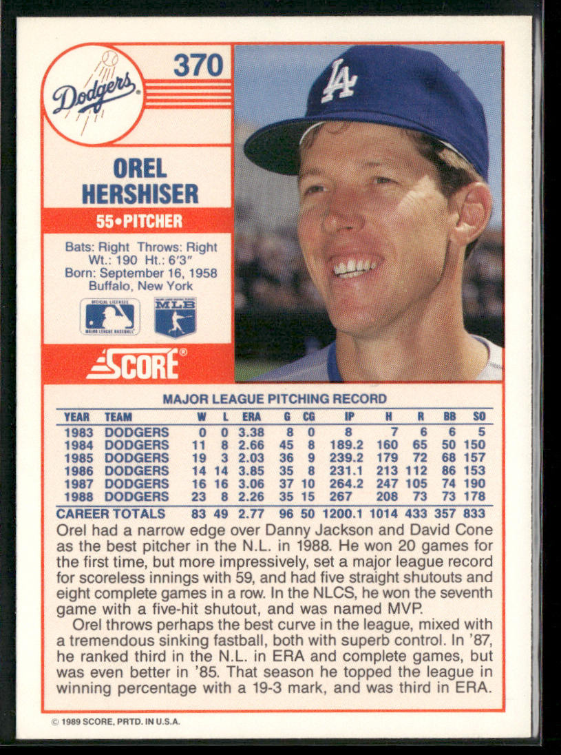 Orel Hershiser 1989 Score #370 Los Angeles Dodgers