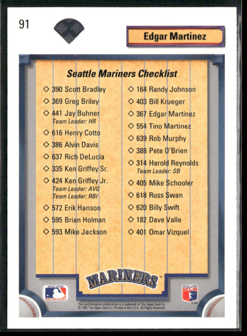 Edgar Martinez 1992 Upper Deck #91 Seattle Mariners