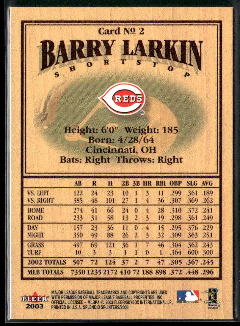 Barry Larkin 2003 Fleer Splendid Splinters #2 Cincinnati Reds