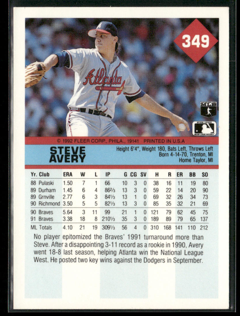 Steve Avery 1992 Fleer #349b Atlanta Braves