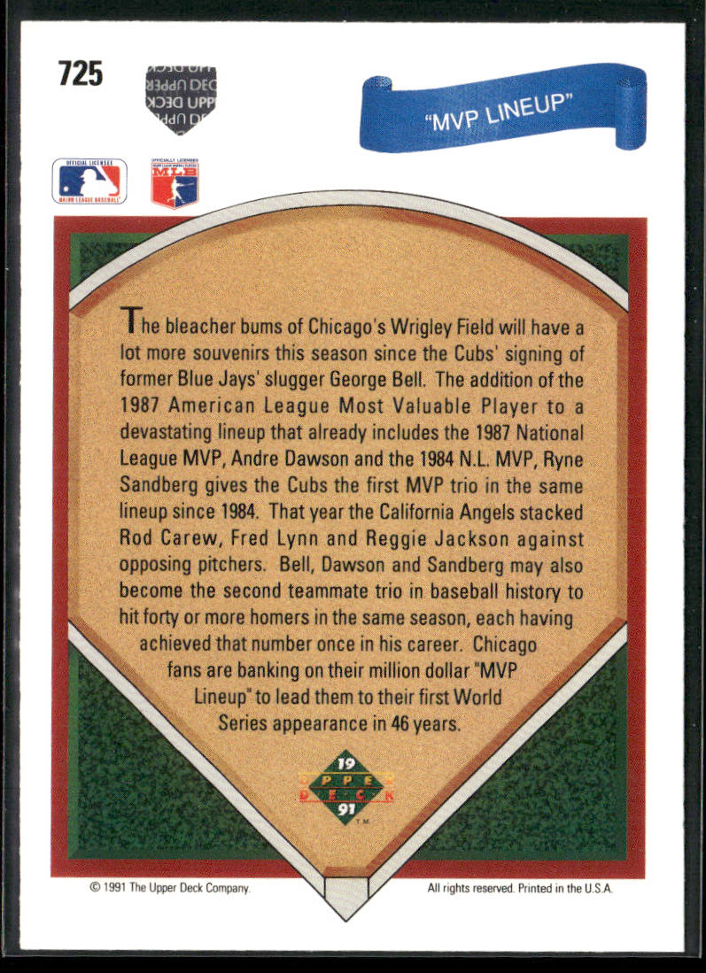 MVP Lineup (Dawson / Bell / Sandberg) 1991 Upper Deck #725b Chicago Cubs