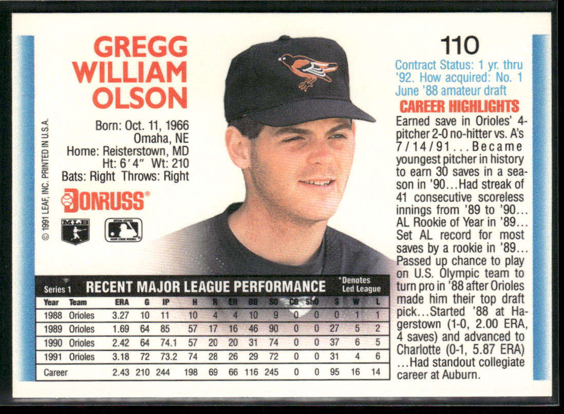 Gregg Olson 1992 Donruss #110b Baltimore Orioles