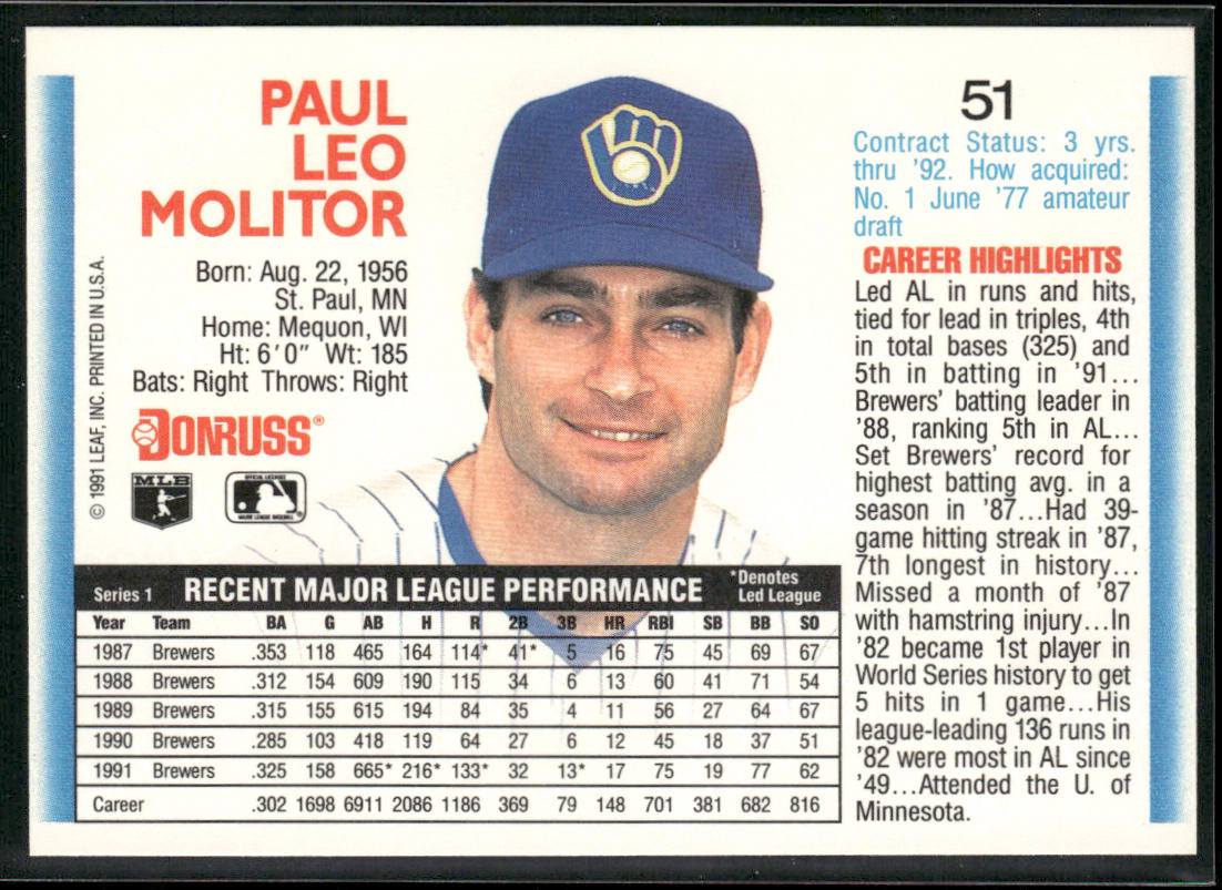 Paul Molitor 1992 Donruss #51 Milwaukee Brewers