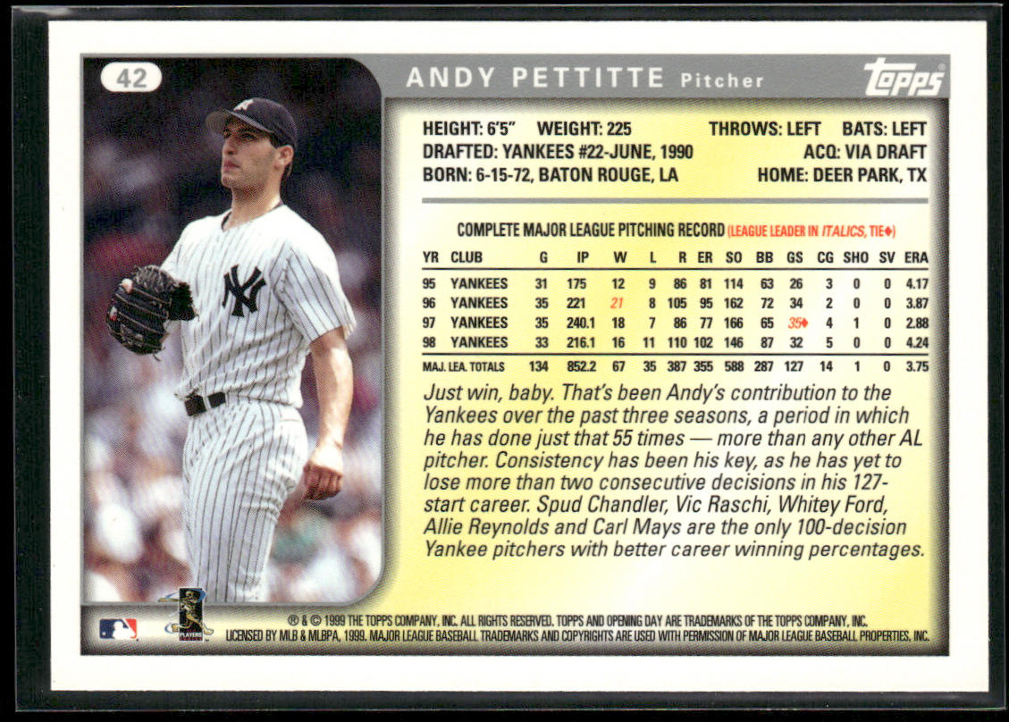 Andy Pettitte 1999 Topps Opening Day #42 New York Yankees