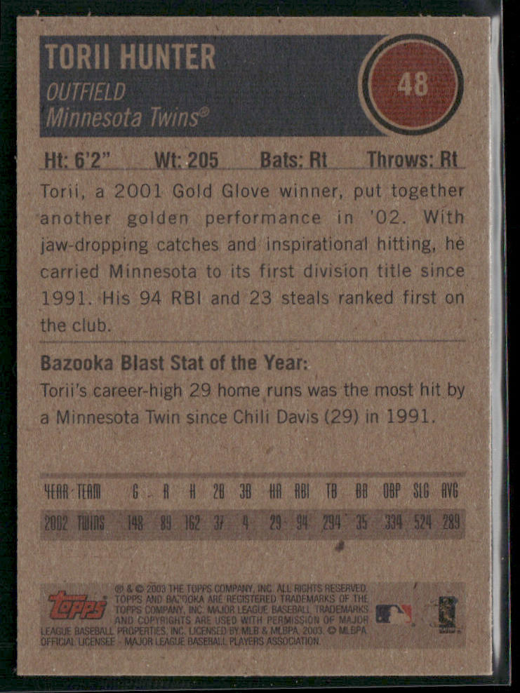 Torii Hunter 2003 Bazooka #48 Facsimile autograph, colorized Bazooka logo Twins