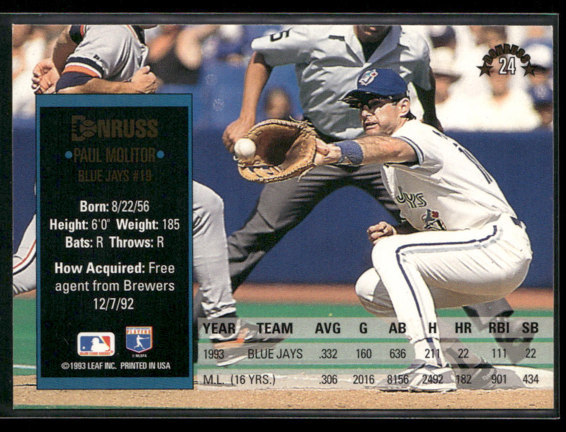 Paul Molitor 1994 Donruss #24 Toronto Blue Jays