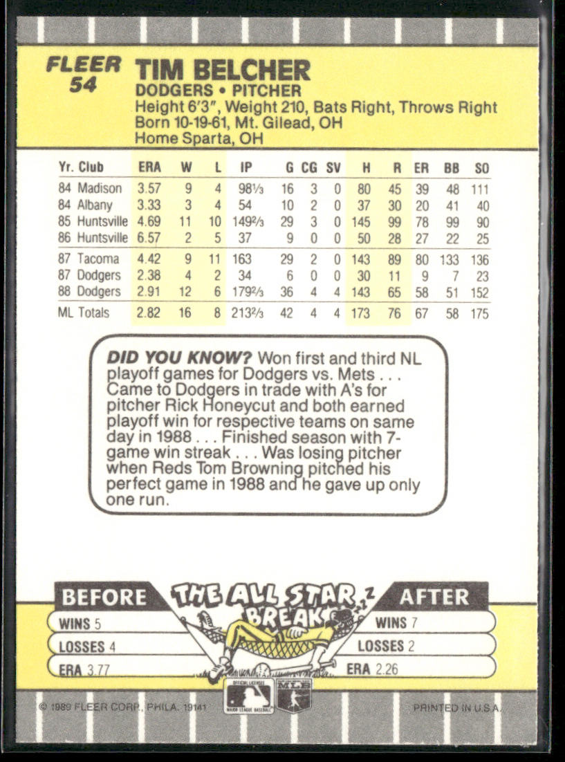 Tim Belcher 1989 Fleer #54 Los Angeles Dodgers