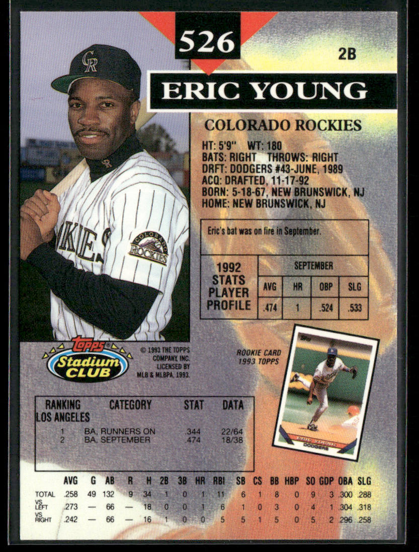 Eric Young 1993 Stadium Club #526 RC Colorado Rockies
