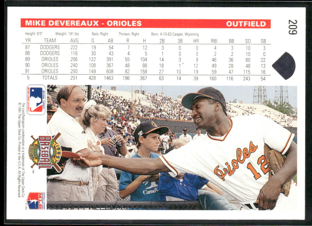 Mike Devereaux 1992 Upper Deck #209 Baltimore Orioles