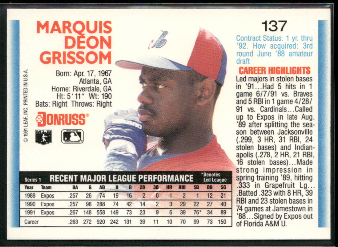 Marquis Grissom 1992 Donruss #137 Montreal Expos