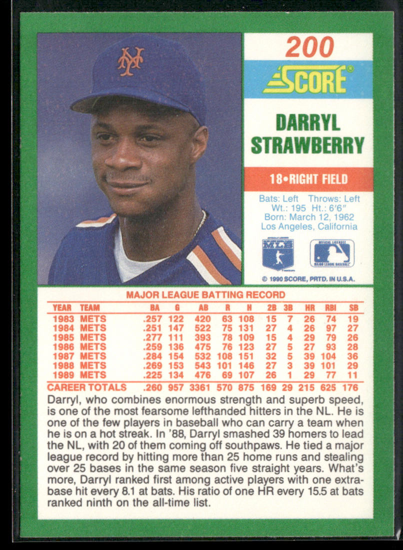 Darryl Strawberry 1990 Score #200 New York Mets