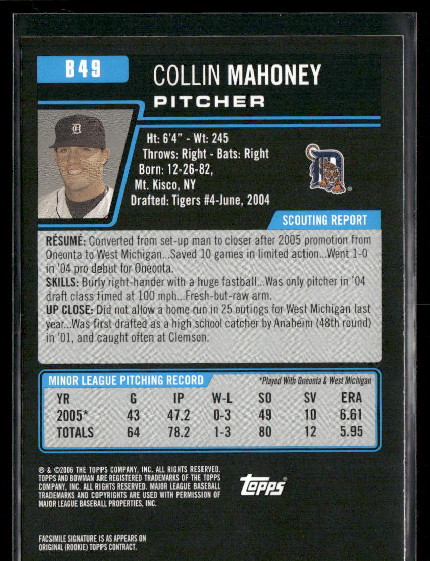 Collin Mahoney 2006 Bowman Prospects #B49 Detroit Tigers