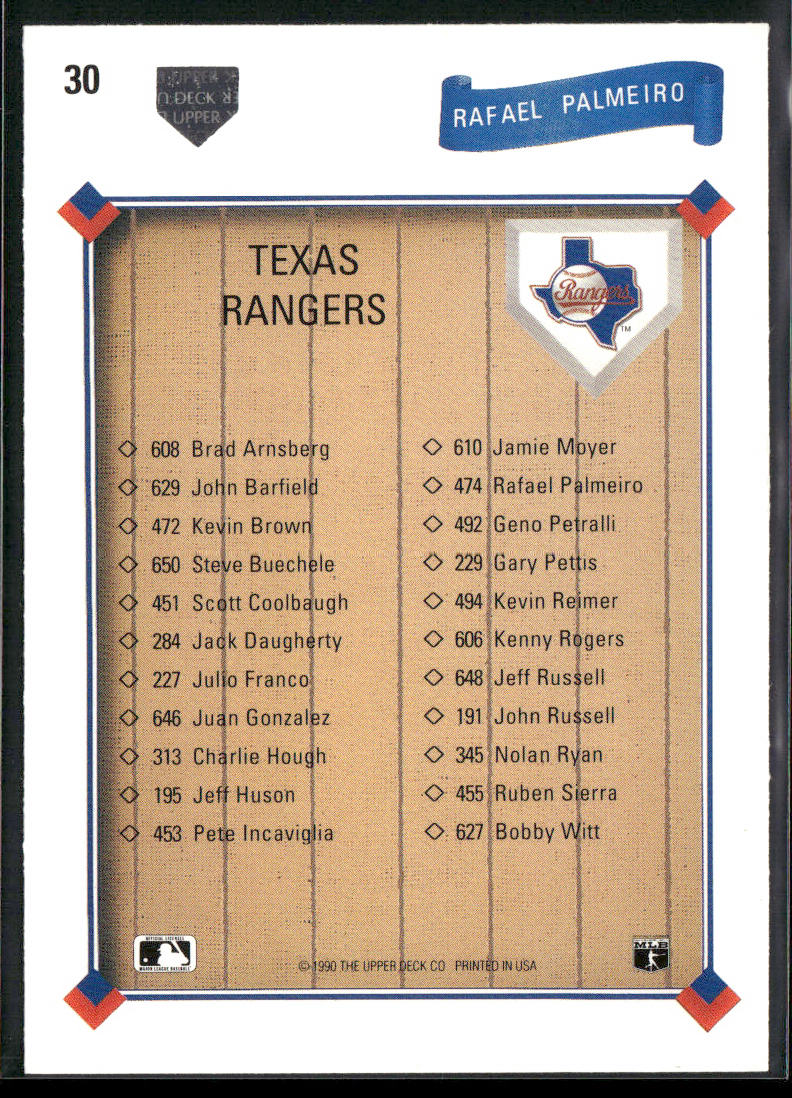 Rafael Palmeiro 1991 Upper Deck #30 Texas Rangers