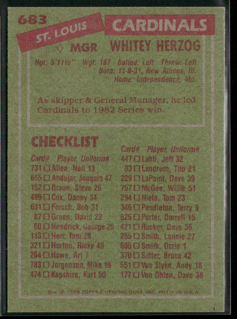Whitey Herzog 1985 Topps #683 St. Louis Cardinals