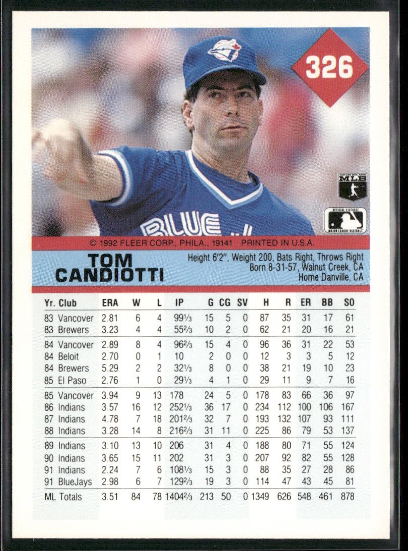 Tom Candiotti 1992 Fleer #326 Toronto Blue Jays