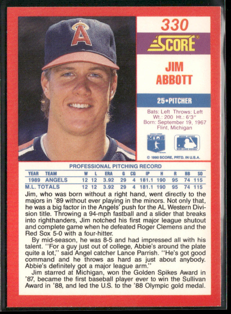 Jim Abbott 1990 Score #330 California Angels