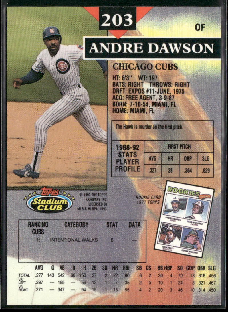 Andre Dawson 1993 Stadium Club #203 Chicago Cubs