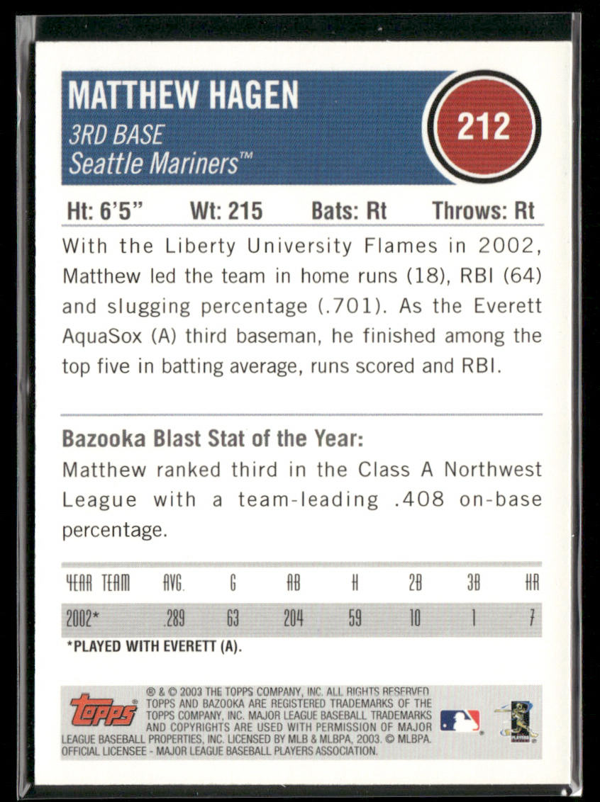 Matthew Hagen 2003 Bazooka Silver #212 RC Seattle Mariners