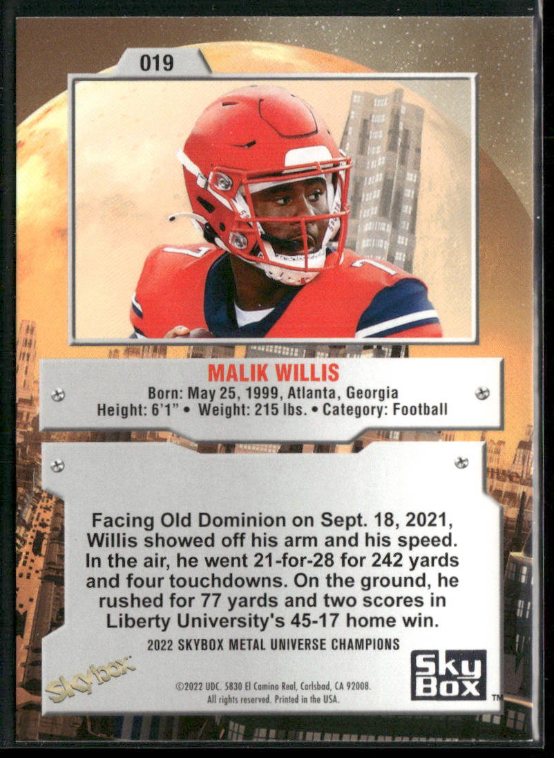 Malik Willis 2022 SkyBox Metal Universe Champions Aqua #019