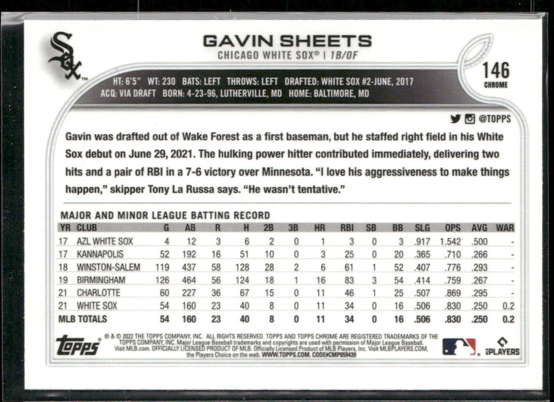 Gavin Sheets 2022 Topps Chrome #146 RC Chicago White Sox