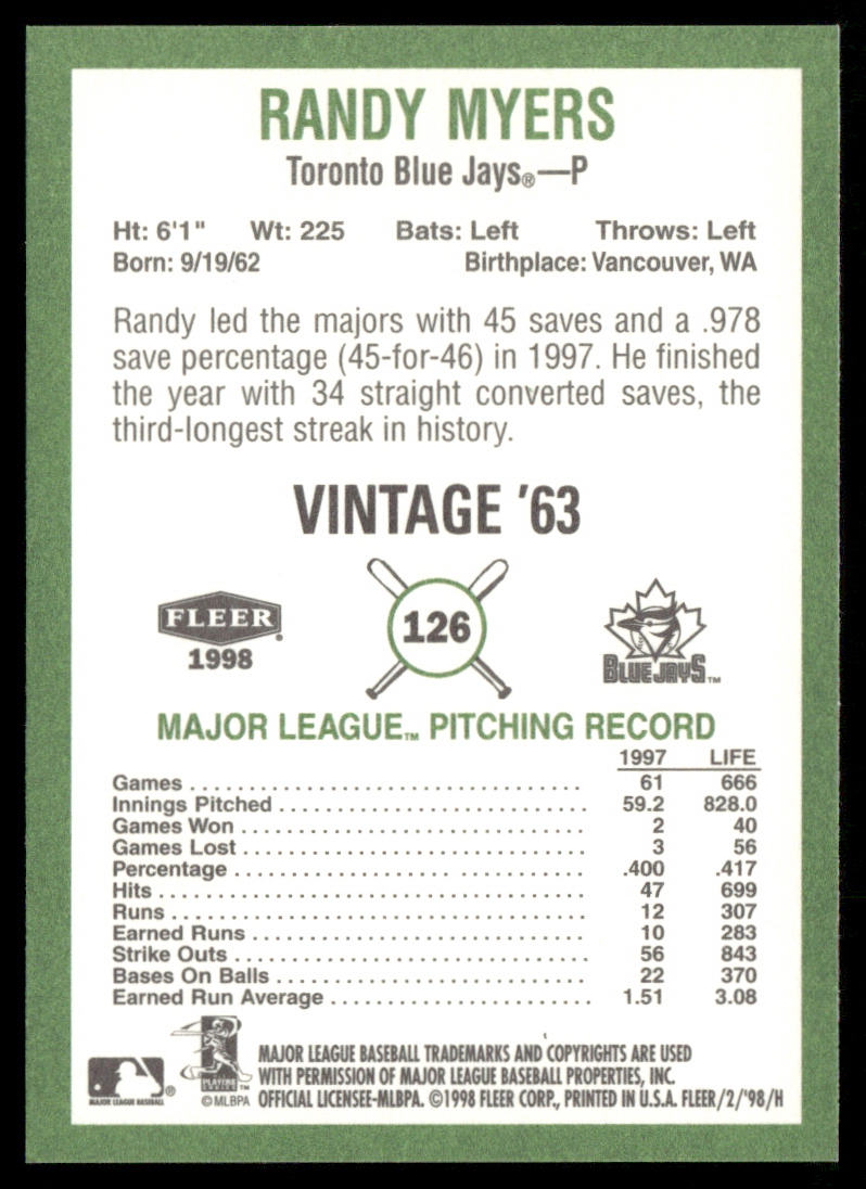 Randy Myers 1998 Fleer Tradition Vintage #126 Toronto Blue Jays