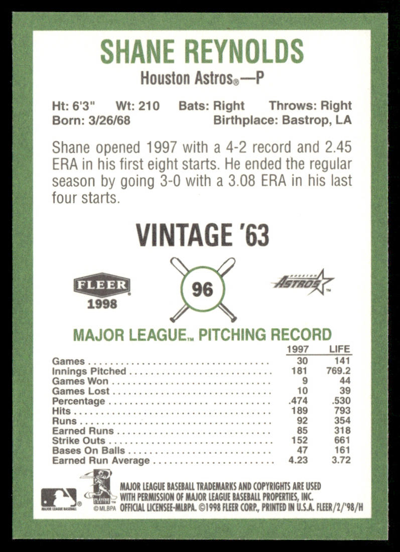 Shane Reynolds 1998 Fleer Tradition Vintage #96 Houston Astros