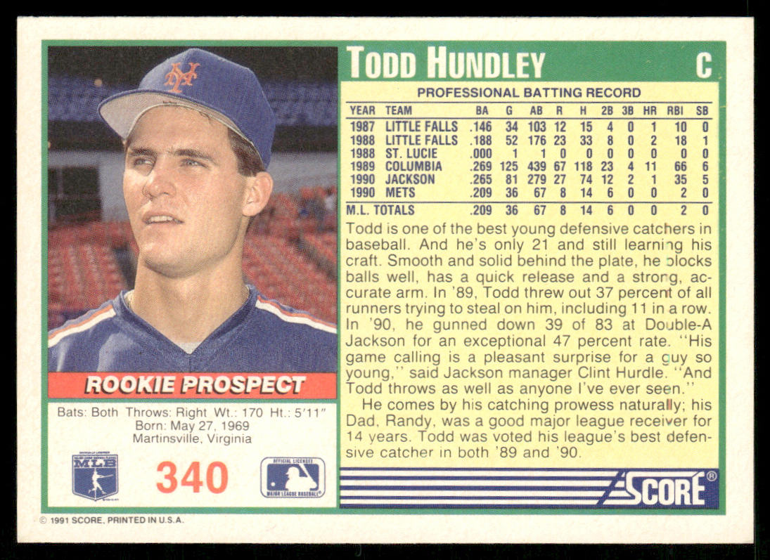 Todd Hundley 1991 Score #340 New York Mets back