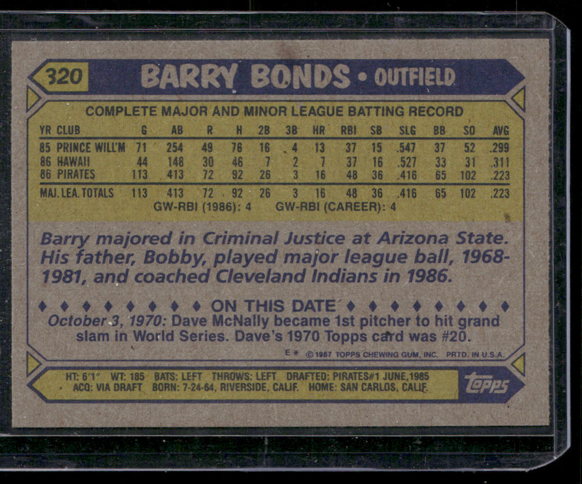 Barry Bonds 1987 Topps #320 RC Pittsburgh Pirates