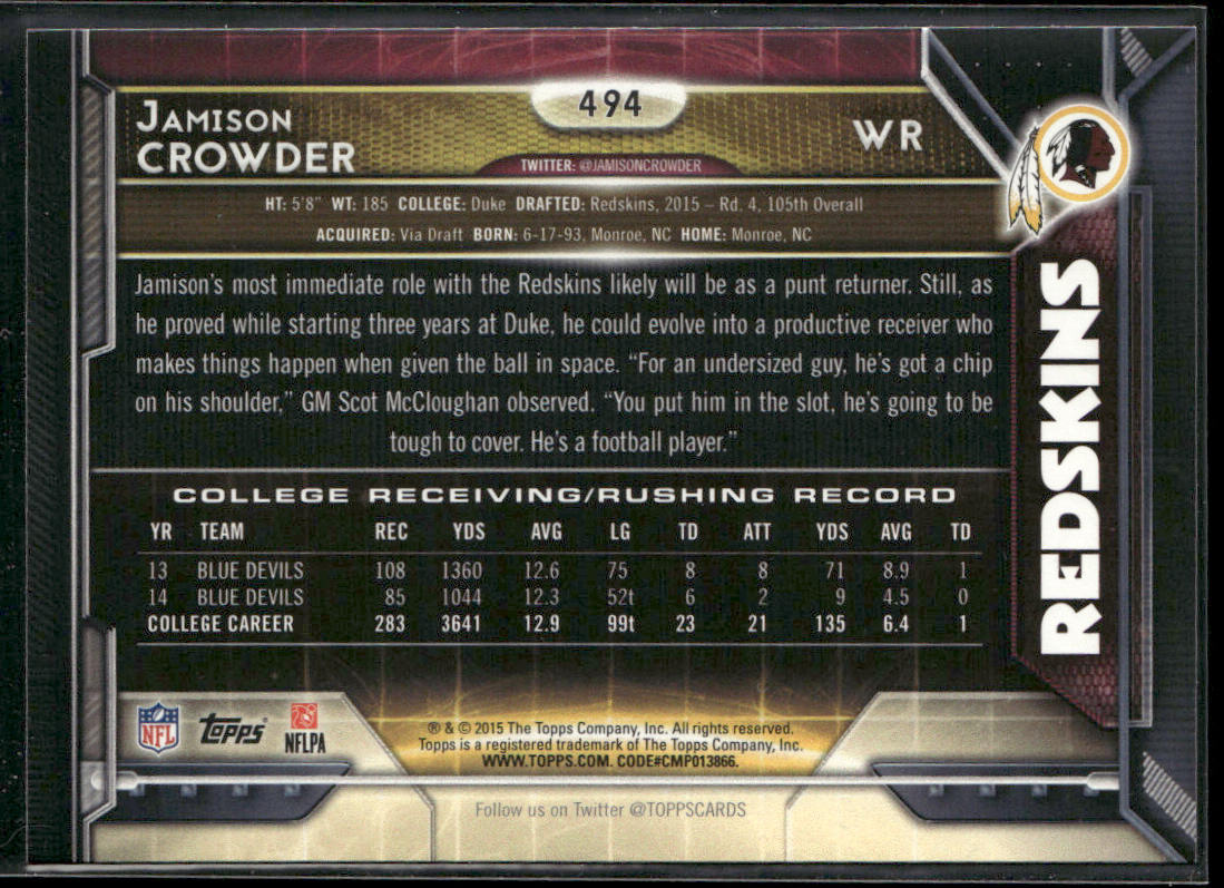 Jamison Crowder 2015 Topps 60th Anniversary #494 RC Washington Redskins