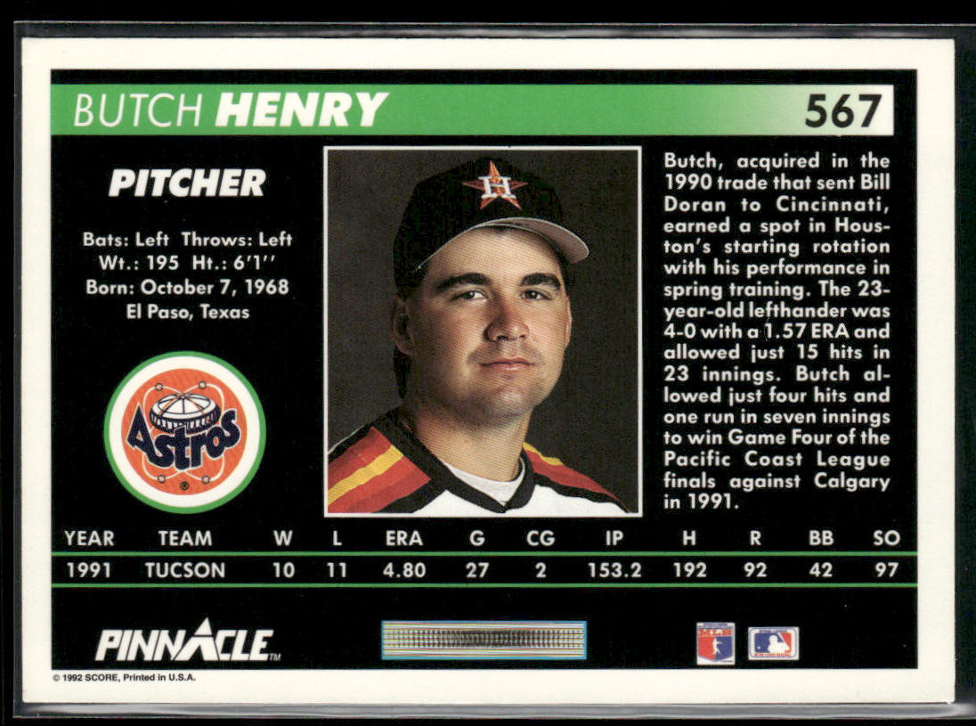 Butch Henry 1992 Pinnacle #567 RC Houston Astros