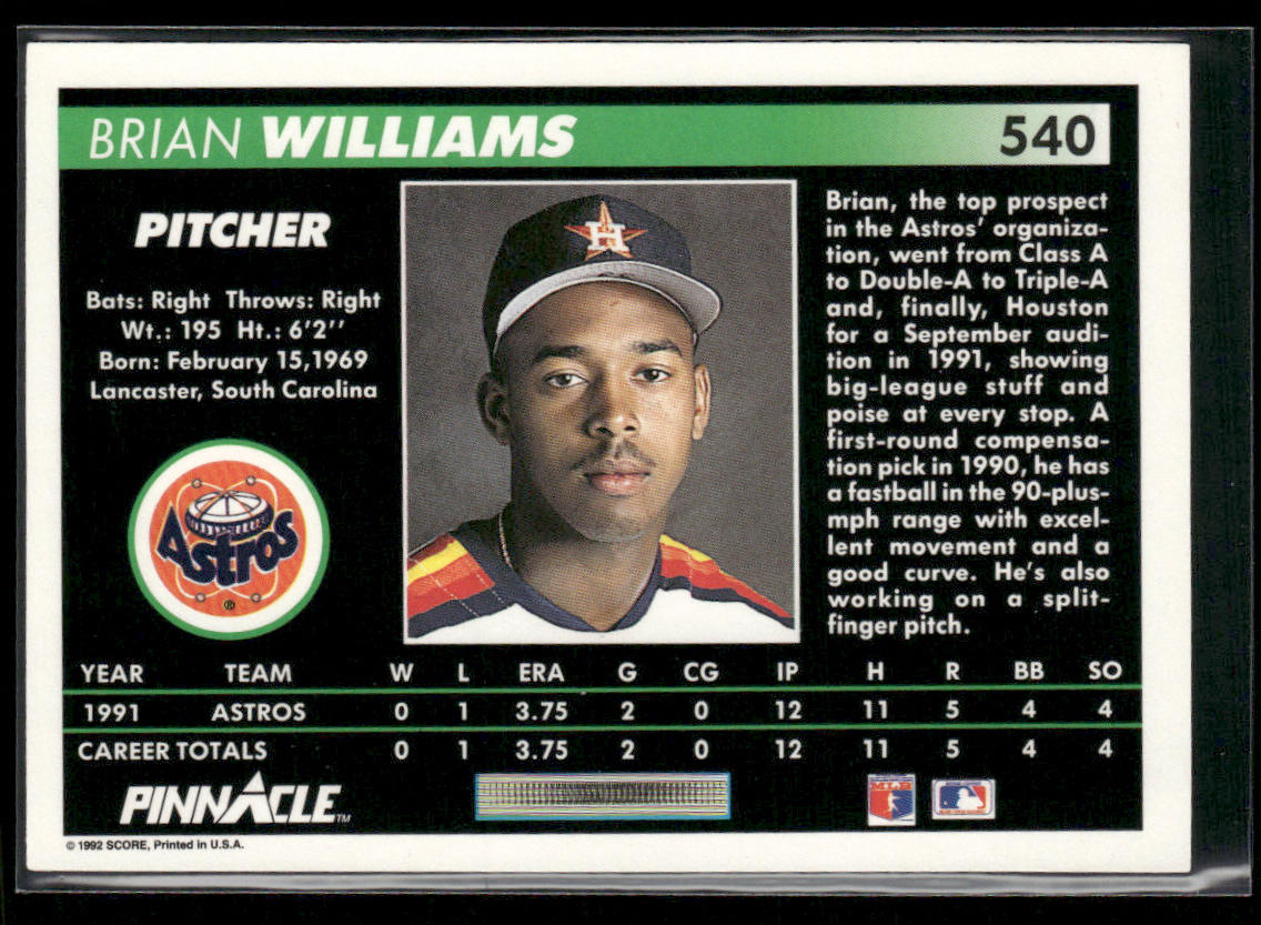 Brian Williams 1992 Pinnacle #540 RC Houston Astros