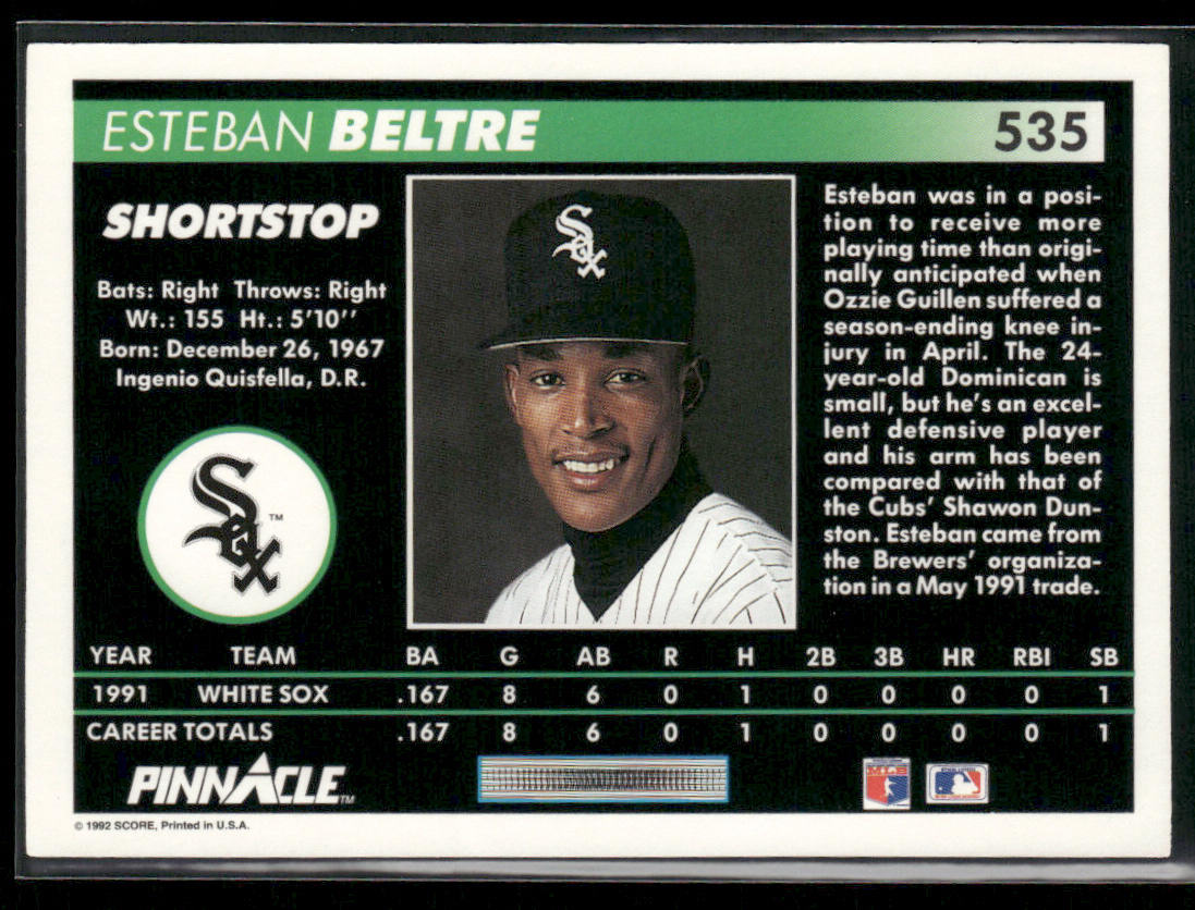 Esteban Beltre 1992 Pinnacle #535 RC Chicago White Sox