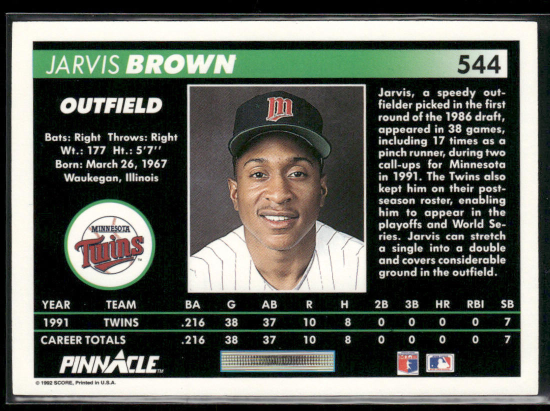 Jarvis Brown 1992 Pinnacle #544 RC Minnesota Twins