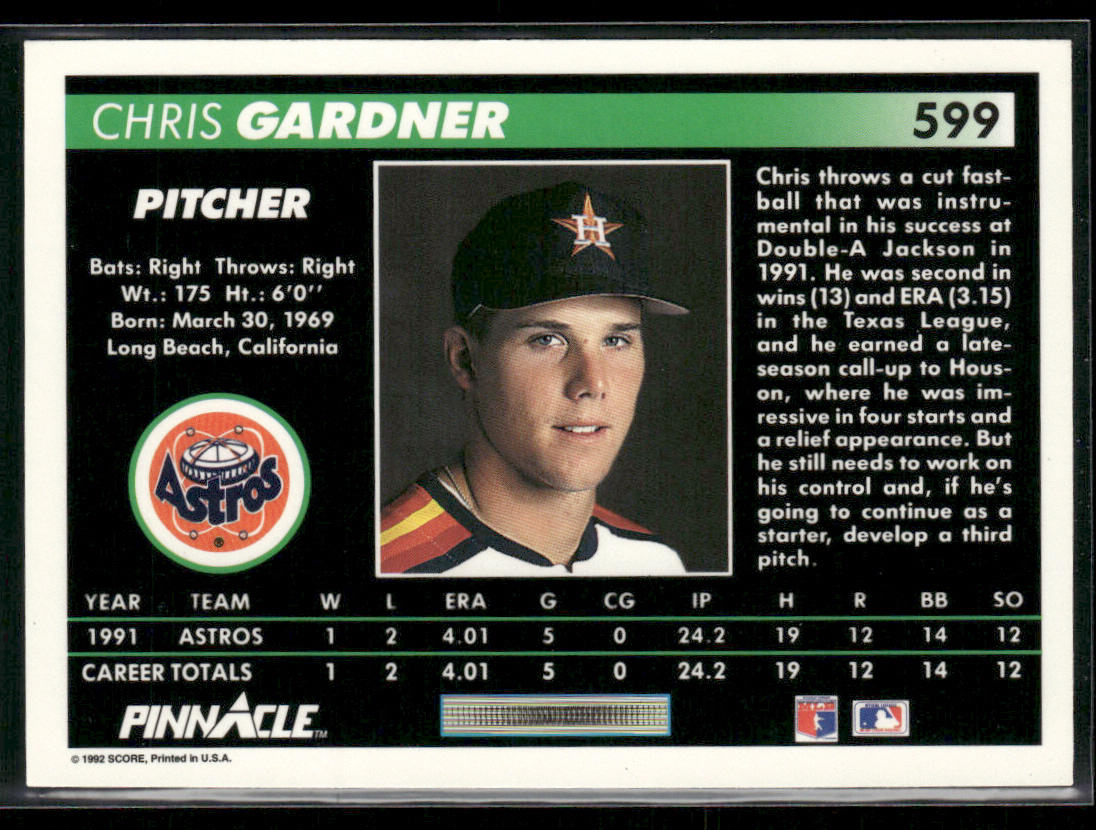 Chris Gardner 1992 Pinnacle #599 RC Houston Astros