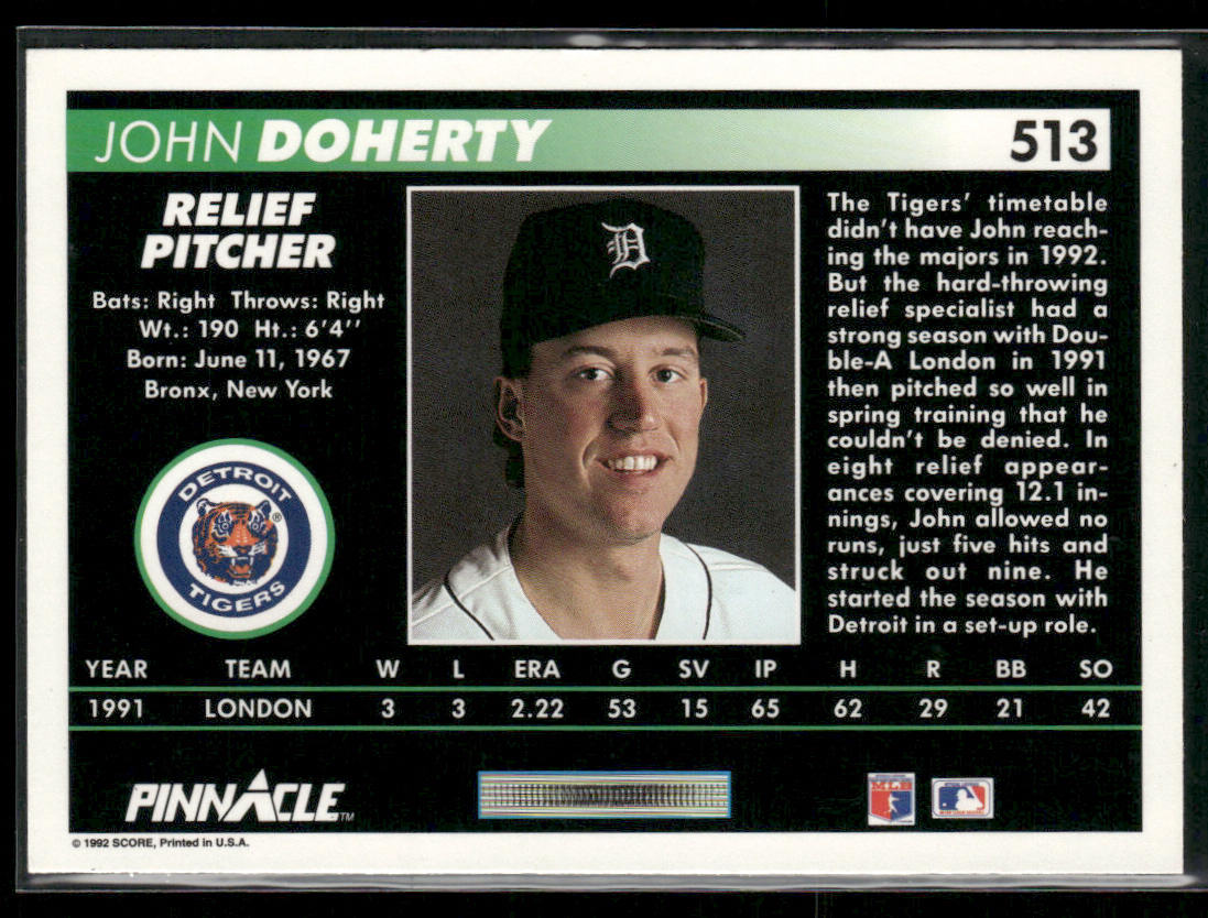 John Doherty 1992 Pinnacle #513 RC Detroit Tigers