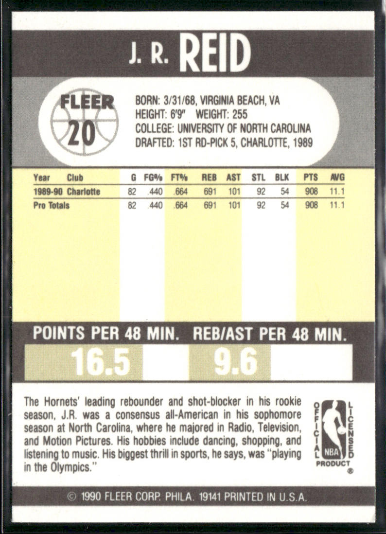 J.R. Reid 1990-91 Fleer #20 RC Charlotte Hornets