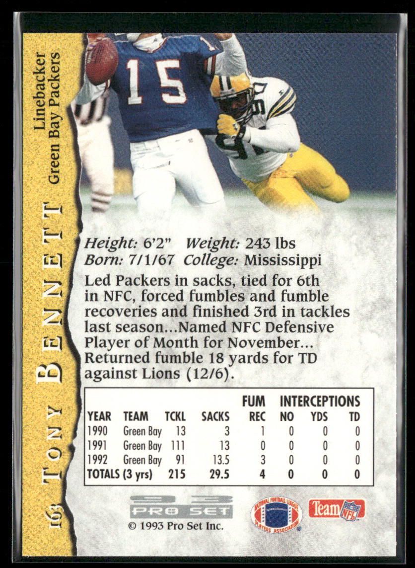 Tony Bennett 1993 Pro Set #163 Green Bay Packers back