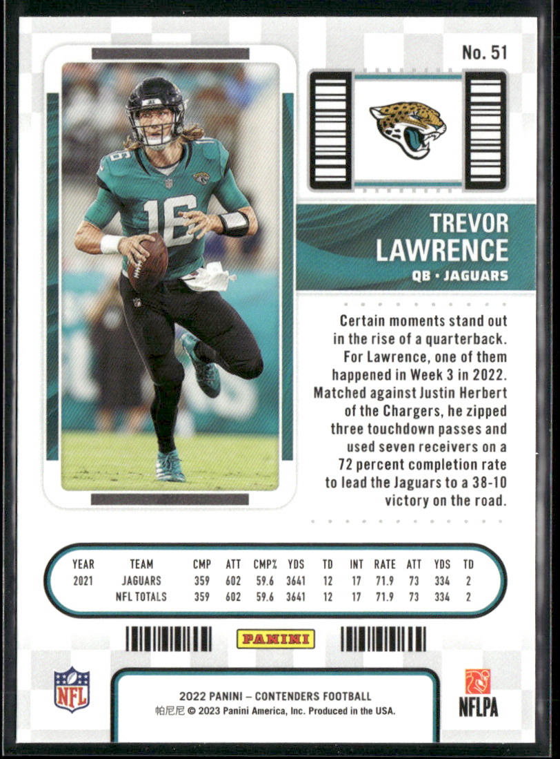 Trevor Lawrence 2022 Panini Contenders #51 Jacksonville Jaguars back