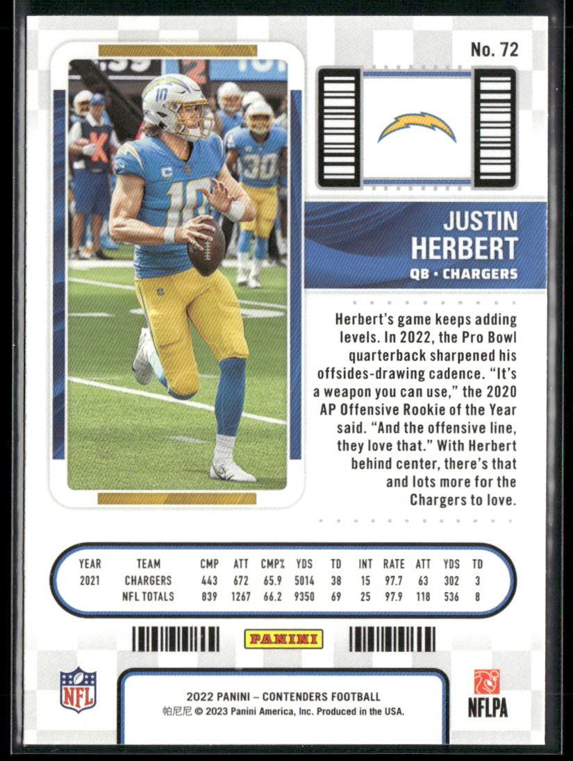 Justin Herbert 2022 Panini Contenders #72 Los Angeles Chargers back