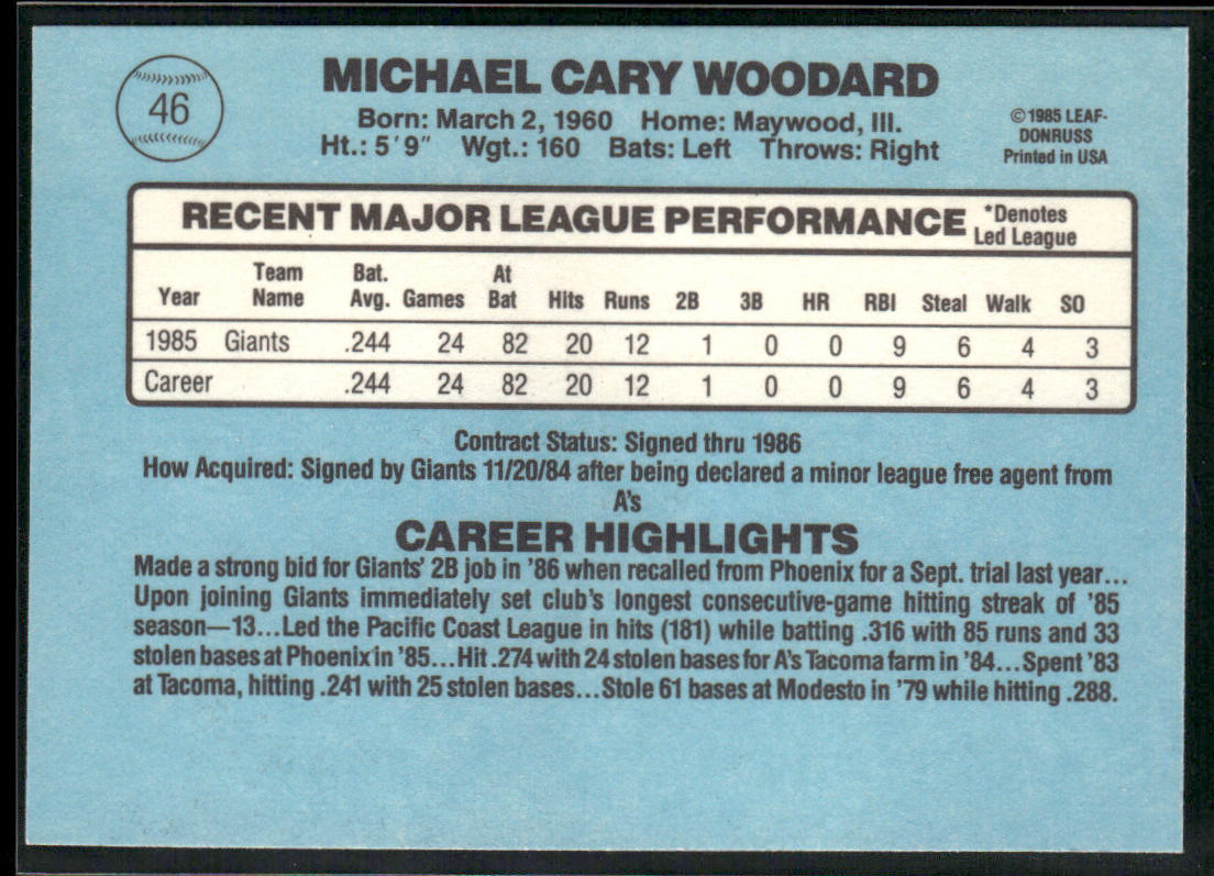 Mike Woodard 1986 Donruss #46 RC San Francisco Giants