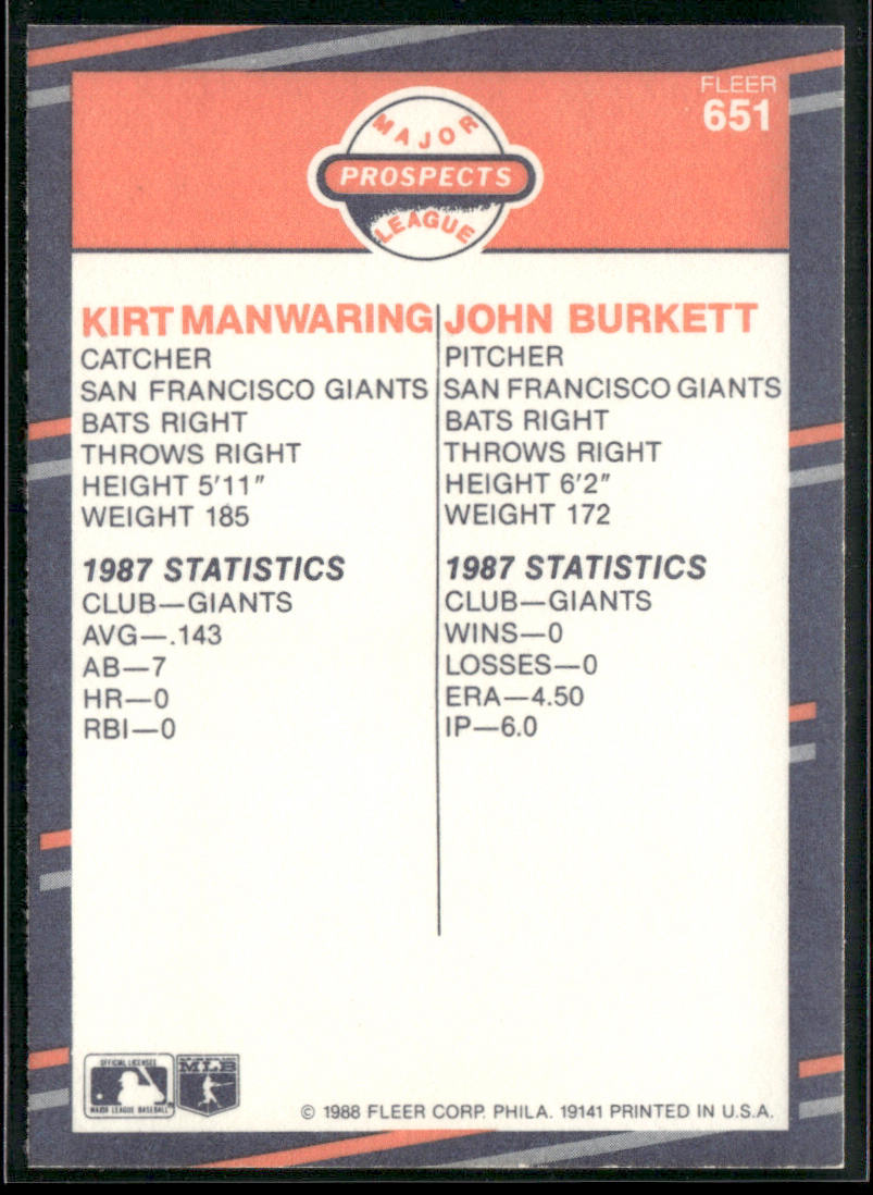 Kirt Manwaring / John Burkett 1988 Fleer #651 RC San Francisco Giants