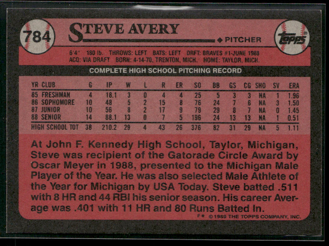 Steve Avery 1989 Topps #784 RC Atlanta Braves