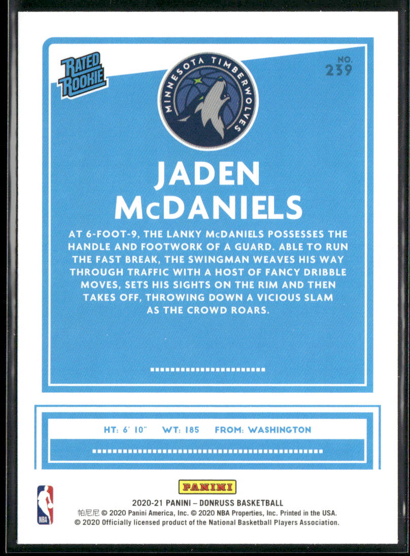 Jaden McDaniels 2020-21 Donruss #239 RC Minnesota Timberwolves