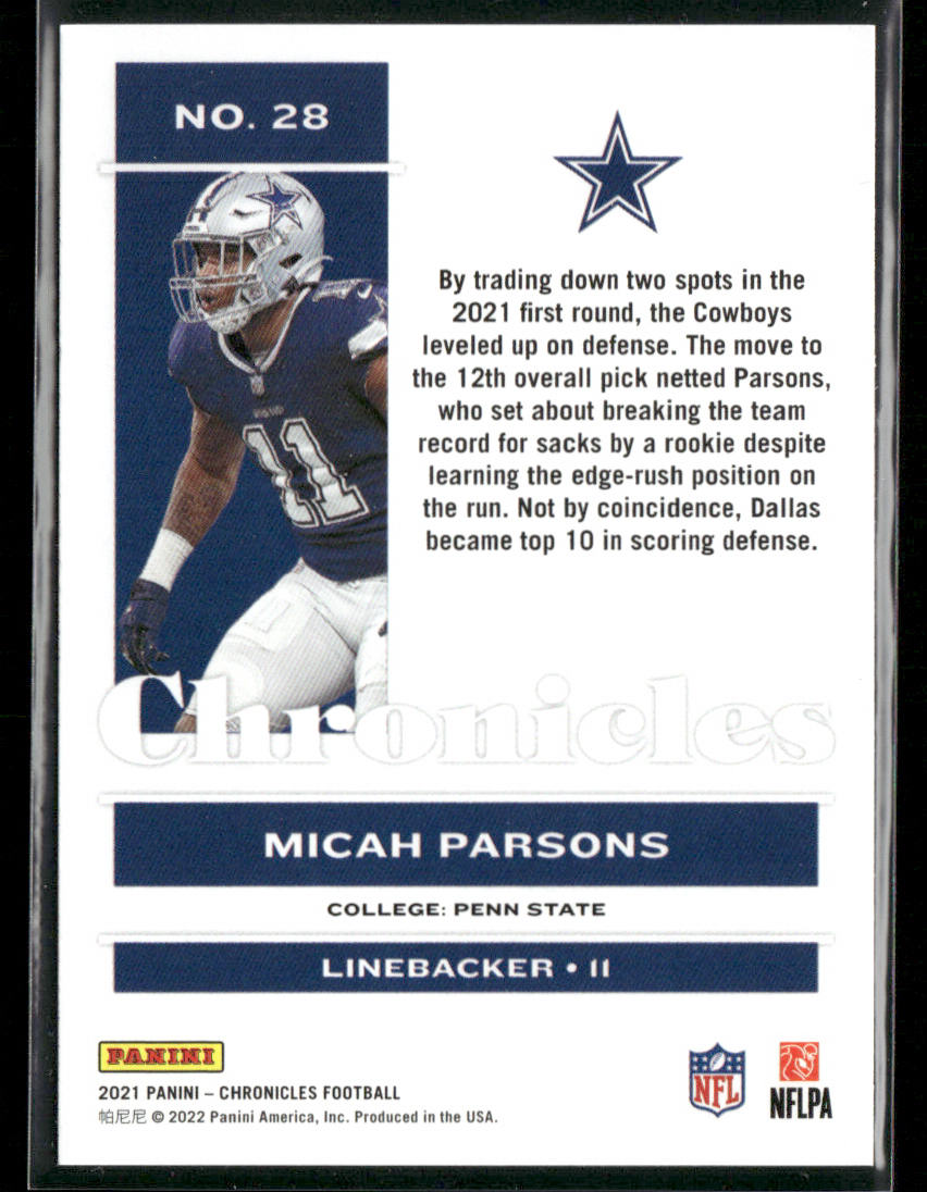 Micah Parsons 2021 Panini Chronicles #28 RC Dallas Cowboys