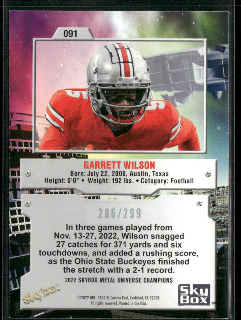 Garrett Wilson 2022 SkyBox Metal Universe Champions Silver Dots #091 SN back
