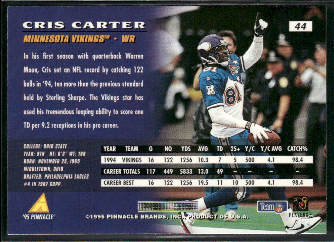 Cris Carter 1995 Pinnacle #44 Minnesota Vikings back